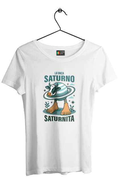 Футболка жіноча з принтом "Lavaca Saturno Saturnita". Брейнрот, італійська гнилизна мозку, італійський брейнрот, італійський мем, італійські меми, корова сатурн, ла вака, ла вака сатурно, лавака сатурно, сатурно сатурніто. 2070702