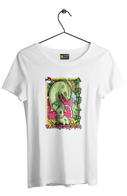 Women's t-shirt with prints Pokemon Chikorita. Anime, chikorita, games, nintendo, pokemon, pokemon go. 2070702