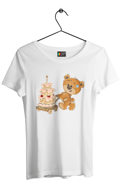 Футболка жіноча з принтом "Ведмедик з тортом". Ведмідь, день народження, медвеженок, торт. CustomPrint.market