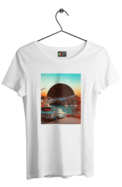 Футболка жіноча з принтом "Картина, машина біля річки". Картина, машина, планета, прикол, ретро, річка. 2070702