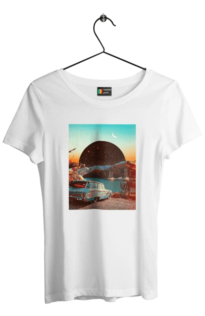 Футболка жіноча з принтом "Картина, машина біля річки". Картина, машина, планета, прикол, ретро, річка. 2070702