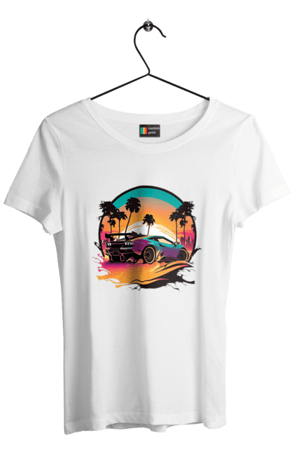 Футболка жіноча з принтом "Ламборджині Сінтвейв". Авто, автомобіль, ламба, ламборджині, машини, сінтвейв. 2070702