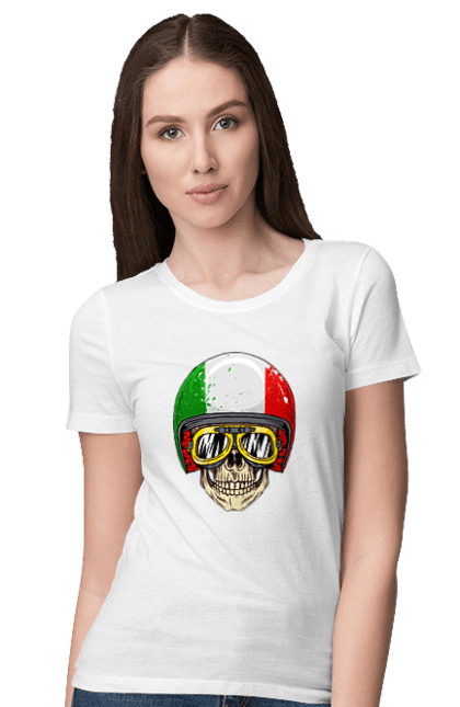 Футболка жіноча з принтом "Череп в мотошоломі". Мото, окуляри, череп, шолом. 2070702