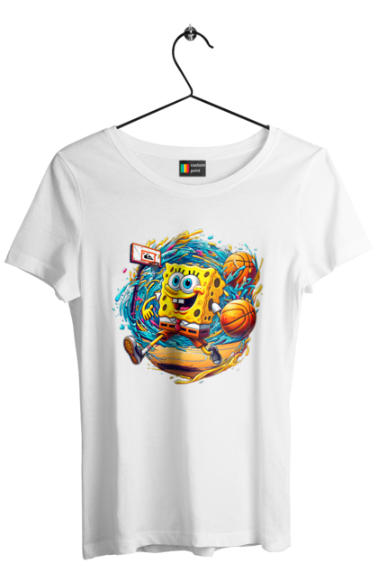 Women's t-shirt with prints SpongeBob. Animated series, ball, basketball, cartoon, spongebob, spongebob squarepants, sport. 2070702