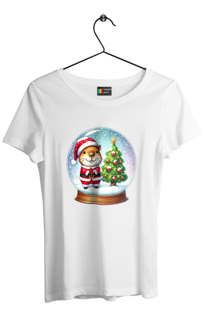 Women's t-shirt with prints Christmas Capybara with a Tree. Animal, capybara, christmas, christmas capybara, christmas tree, gift, holiday, new year, new year`s gift, santa. 2070702