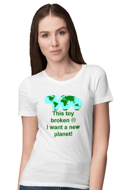 Футболка жіноча з принтом "Нова Планета". Глобалізм, глобальне, екологія, забруднення, катастрофа, людство, майбутнє, мапа, мир, планета, потепління, проблема, сатира. CustomPrint.market