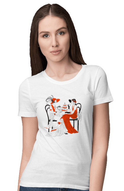 Футболка жіноча з принтом "Дами В Червоному". Дами, посиденьки, чаювання. 2070702