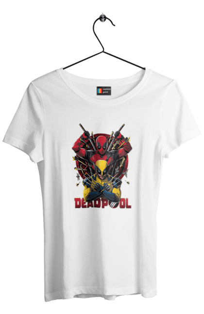 Women's t-shirt with prints Deadpool & Wolverine. Action movie, comic, deadpool, fantasy, film, logan, marvel, mutant, superhero, x-men. 2070702