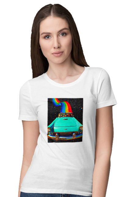 Футболка жіноча з принтом "Картина, машина у космосі". Веселка, картина, космос, машина, подорожі, поїздка, прикол, ретро. 2070702