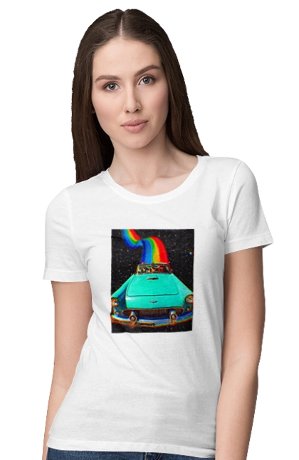 Футболка жіноча з принтом "Картина, машина у космосі". Веселка, картина, космос, машина, подорожі, поїздка, прикол, ретро. 2070702
