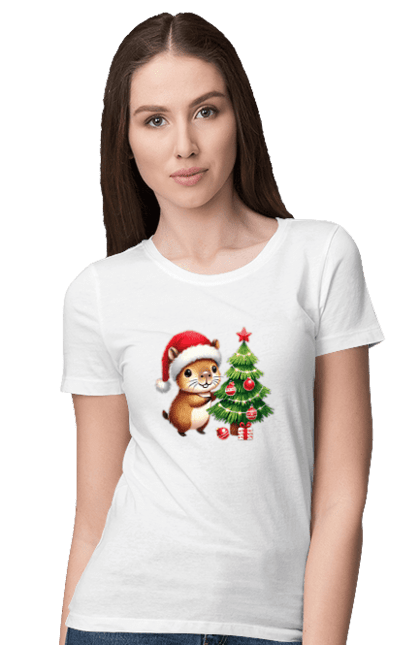 Women's t-shirt with prints Christmas Capybara with a Tree. Animal, capybara, christmas, christmas capybara, christmas tree, gift, holiday, new year, new year`s gift, santa. 2070702