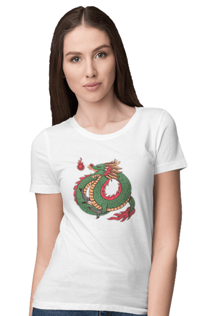 Футболка женская с принтом Дракон. Дракон, животное, зеленый дракон, китайский дракон, символ. 2070702