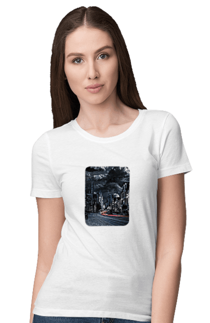 Women's t-shirt with prints Sin city. Black clouds, gray tones, negative, road, scary houses, sin city. CustomPrint.market