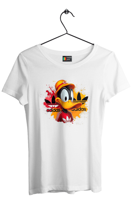 Футболка женская с принтом Даффи Дак Adidas. Adidas, daffy duck, looney tunes, merrie melodies, warner brothers, даффи дак, мультфильм, персонаж, утка даффи. 2070702