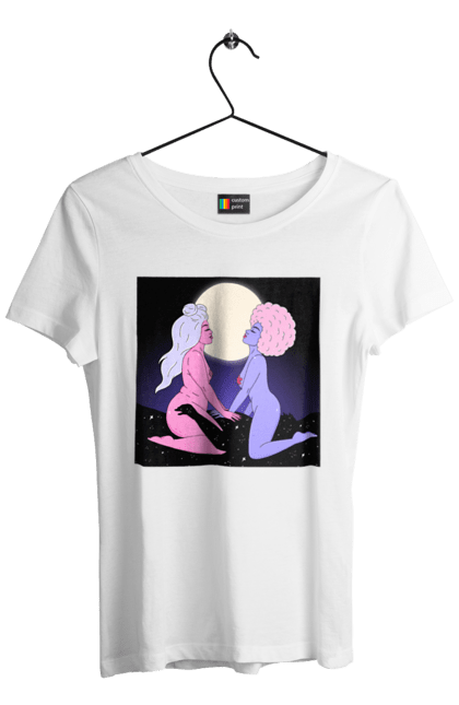 Women`s t-shirt with prints Two Aliens And The Moon. Aliens, from above, girls. 2070702