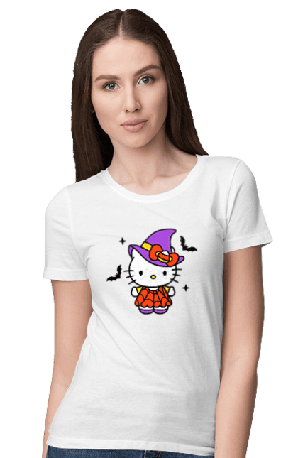 Women's t-shirt with prints Hello Kitty Halloween. Brand, cat, character, halloween, hello kitty, kitten, kitty, witch. 2070702