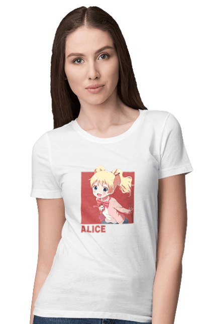 Футболка женская с принтом Золотая мозаика Алиса Картелет. Alice cartelet, anime, kiniro mosaic, kinmoza, manga, алиса, алиса картелет, аниме, золотая мозаика, манга. 2070702