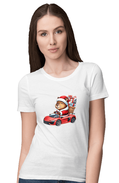 Women's t-shirt with prints Christmas Capybara with a Gift. Animal, capybara, car, christmas, christmas capybara, gift, holiday, new year, new year`s gift, santa. 2070702