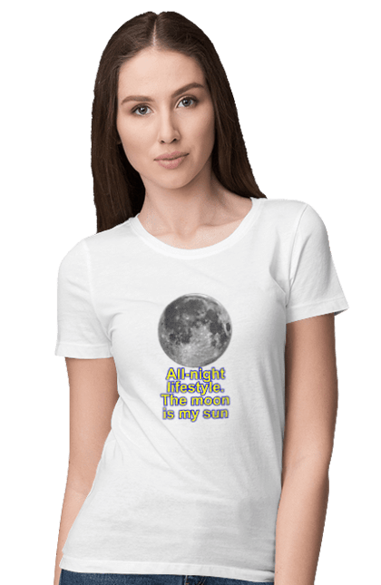 Футболка жіноча з принтом "Веду Нічний Спосіб Життя". Місяць, ніч, спосіб життя, текст. ART принт на футболках