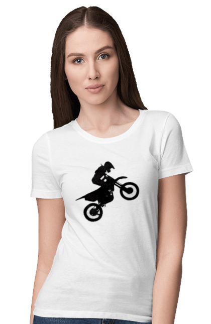 Футболка жіноча з принтом "Силует Мотоцикліста". Мотоцикл, мотоцикліст, шолом. futbolka.stylus.ua