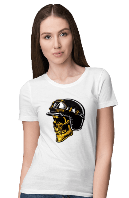 Футболка женская с принтом Череп в мотошлеме. Крутой, очи, череп, шлем. 2070702