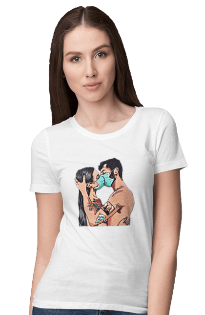 Women`s t-shirt with prints Coronavirus Love. Coronavirus, kiss, love, mask, quarantine. 2070702