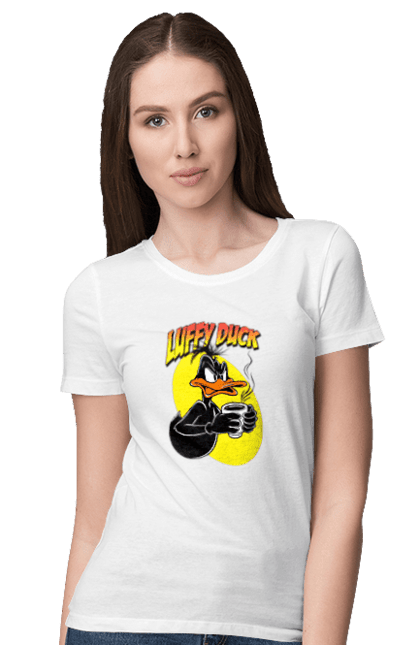 Футболка женская с принтом Даффи Дак. Daffy duck, looney tunes, merrie melodies, warner brothers, даффи дак, мультфильм, персонаж, утка, утка даффи. 2070702