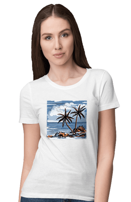 Women`s t-shirt with prints Palm Trees And Sky. Clouds, palm trees, sea, sky. 2070702