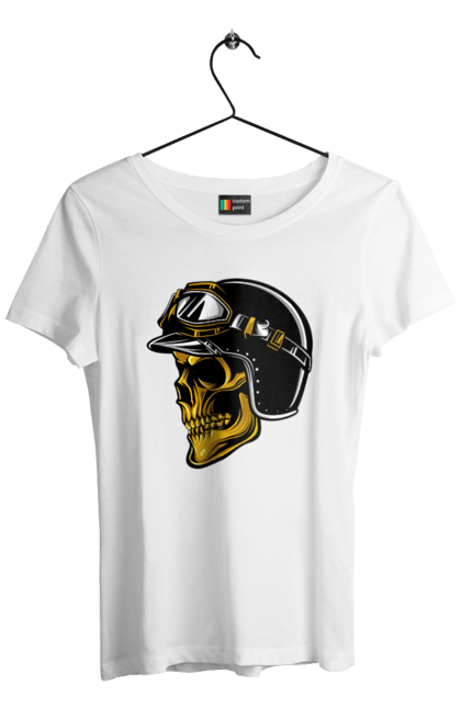 Футболка женская с принтом Череп в мотошлеме. Крутой, очи, череп, шлем. 2070702