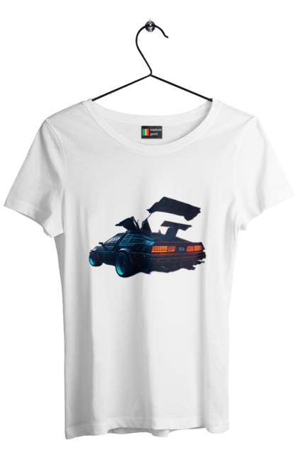Футболка женская с принтом DeLorean обратно в будущее. Автомобиль, делореан, из фильма. 2070702