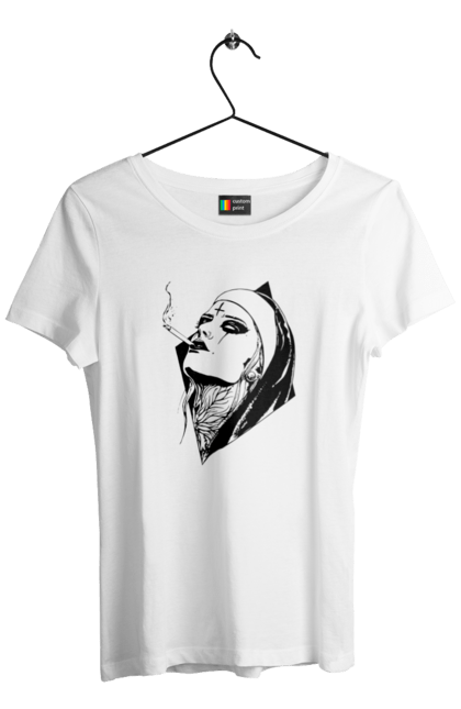 Футболка жіноча з принтом "Монашка". Дівчина, круто, сигарети, тату. 2070702