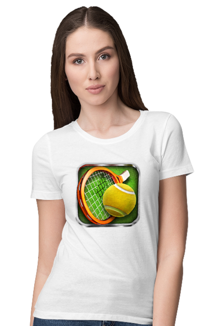 Футболка жіноча з принтом "Теніс". Великий теніс, гравці, лондон, м`яч, призовий фонд, ракетка, спонсор, турнір на ґрунті, турнір на траві, турнірна сітка. 2070702