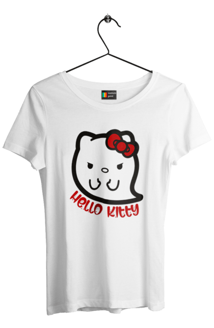 Футболка женская с принтом Хелло Китти Хэллоуин. Ghost, halloween, hello kitty, бренд, кот, котенок, персонаж, привидение, хелло китти, хэллоуин. 2070702