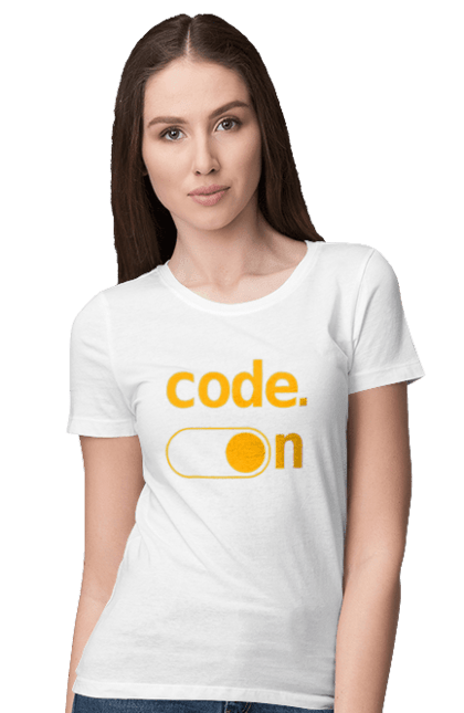 Футболка жіноча з принтом "Код увімкнено". Айті, айтішник, для айтішника, для програміста, код увімкнено, подарунок айтішнику, подарунок програмісту, програміст, розробник. KRUTO.  Магазин популярних футболок