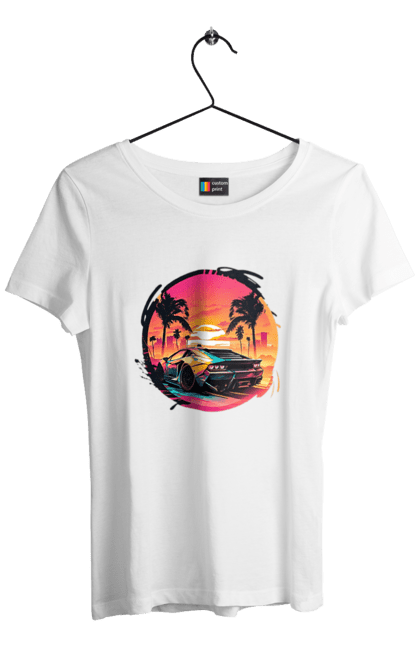 Футболка жіноча з принтом "Ламборджині Ретровейв". Авто, автомобиль, ламба, ламборджині, машина, машини, ретровейв. 2070702