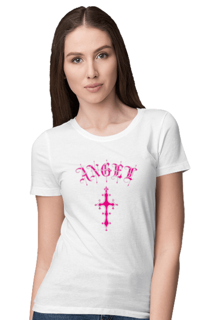 Футболка жіноча з принтом "Логотип Ангел". Готичний стиль, готичний шрифт, логотип, рожевий, хрест, хрестик, янгол. 2070702
