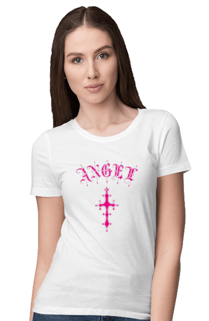 Women's t-shirt with prints Logo Angel. Angel, cross, gothic, gothick style, logo, pink. 2070702