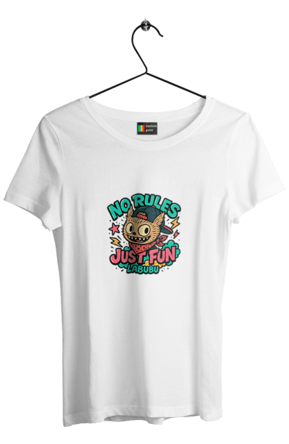 Футболка жіноча з принтом "Лабубу". Norulesjustfun, y2k, бандана, вуличний стиль, грайливий, графіті, зухвалий, лабубу, ретромультяшка, яскраво. 2070702