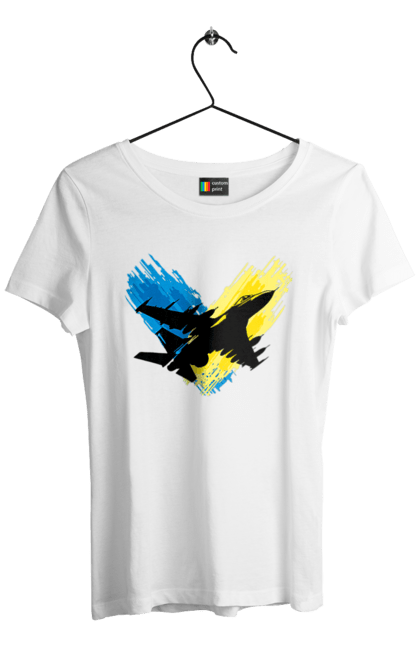 Футболка жіноча з принтом "Літак F 16". З прапором, зсу, літак, літак f16, патріотична, прапор, ф16. 2070702