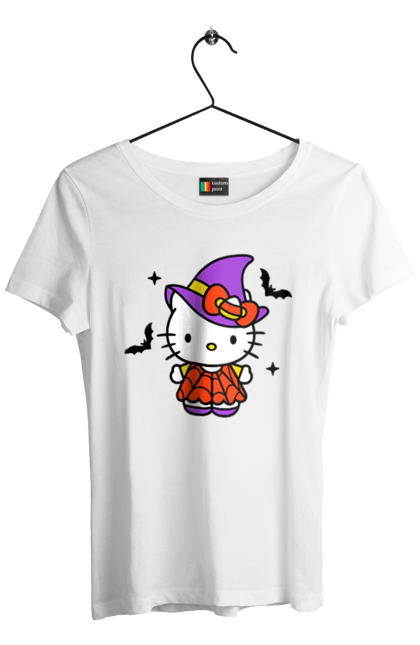 Women's t-shirt with prints Hello Kitty Halloween. Brand, cat, character, halloween, hello kitty, kitten, kitty, witch. 2070702