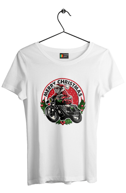 Футболка жіноча з принтом "Щасливого Різдва, дід мороз на мотоциклі". 2022, дід мороз, зима, мотоцикл, новий рік, подарунки, різдво, санта, сніг. 2070702