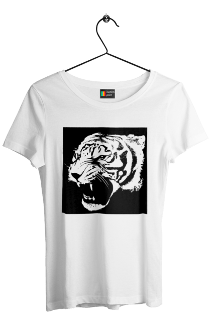 Women's t-shirt with prints Tiger mono black. Animal, beast, big cat, jaws, nature, portrait, predator, sight, stylization, teeth, tiger, wild, wild nature. CustomPrint.market