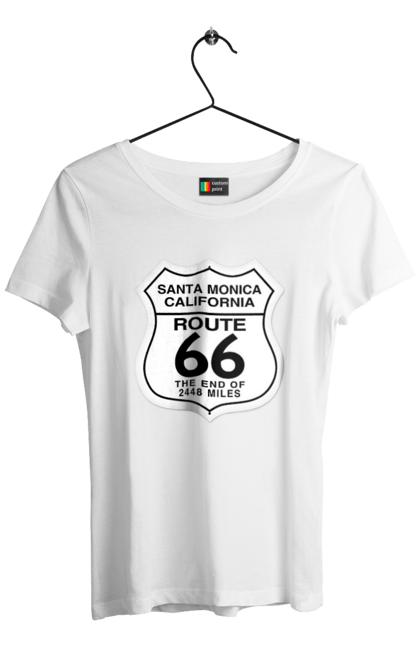 Футболка женская с принтом Route 66. Байк, байкер, байкер клуб, брат, братела, брутал, горячий асфальт, горячий конь, горячий стержень, дорога 50, дорога 66, дорога 80, дороги америки, дороги украины, жажда скорости, клуб байкеров, мотоцикл, мотоциклист, настоящий мужик, скорость, чувак. 2070702