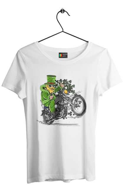 Футболка жіноча з принтом "Патрік На Мотоциклі". Мотоцикл, патрик, свято. 2070702