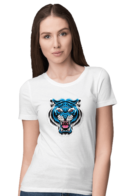 Футболка жіноча з принтом "Блакитний тигр". Блакитний тигр, голова тигра, тварини, тигр. futbolka.stylus.ua