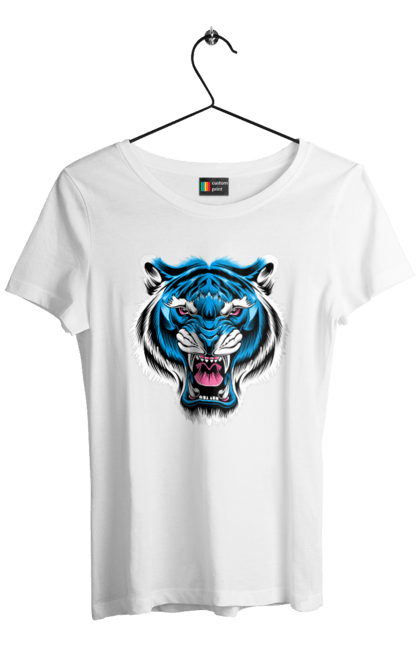 Футболка жіноча з принтом "Блакитний тигр". Блакитний тигр, голова тигра, тварини, тигр. CustomPrint.market