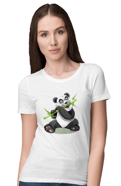 Women's t-shirt with prints Panda Eating Bamboo. Animal, bamboo, bear, beast, black and white, cartoon, cartoony, cheerful, china, chinese, eating, eats, funny, hand-drawn, happy, is sitting, nature, panda, sitting, wild, wild nature. CustomPrint.market