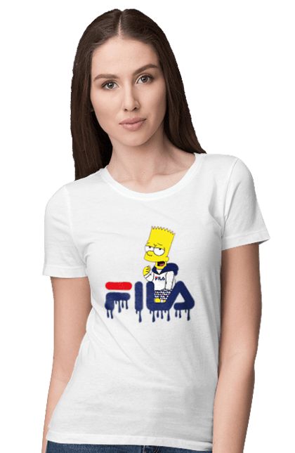 Футболка женская с принтом Барт FILA. Bart, simpsons, барт, мультфильм, симпсоны, спорт, спортивная одежда. 2070702