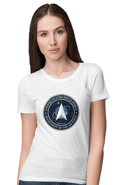 Women's t-shirt with prints United States Space Force. Emblem, political, politics, space, space force, space travel, united states, ussf. 2070702