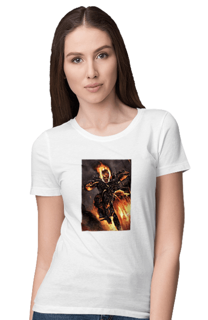 Футболка жіноча з принтом "Пекельний Гонщик". Вогонь, мотоцикл, пекельний гонщик, скелет, чоппер. 2070702